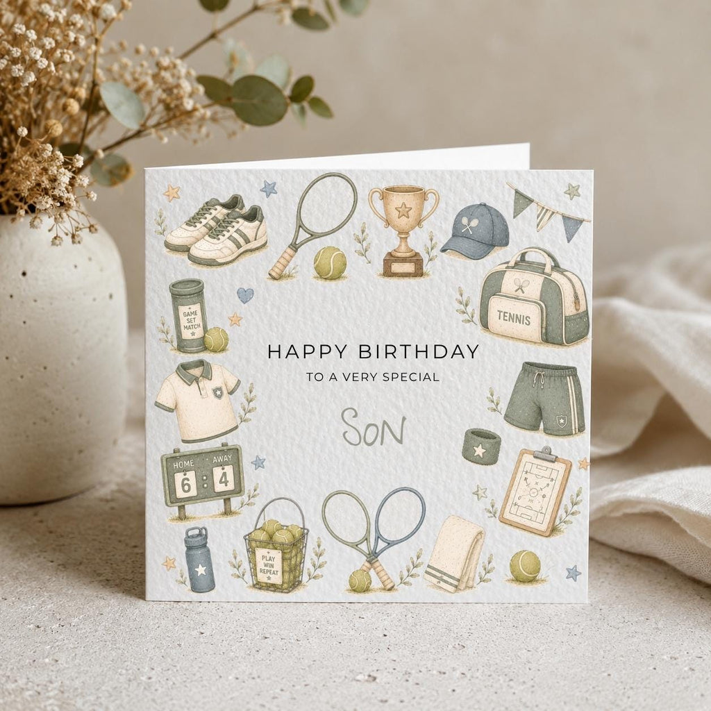 Personalised Tennis Theme Birthday Card for Son, Grandson, Brother etc