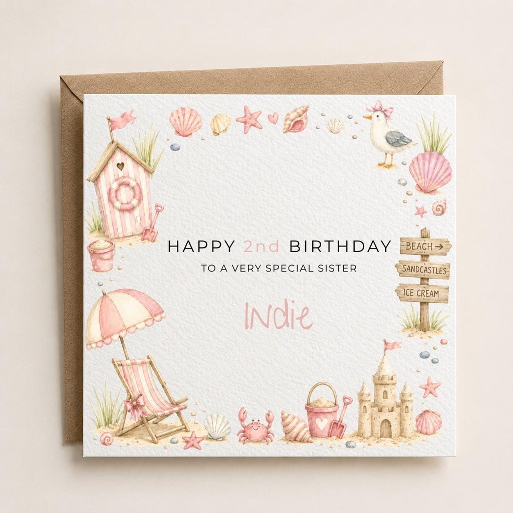 Personalised Seaside Theme Birthday Card for Daughter, Granddaughter, Sister etc