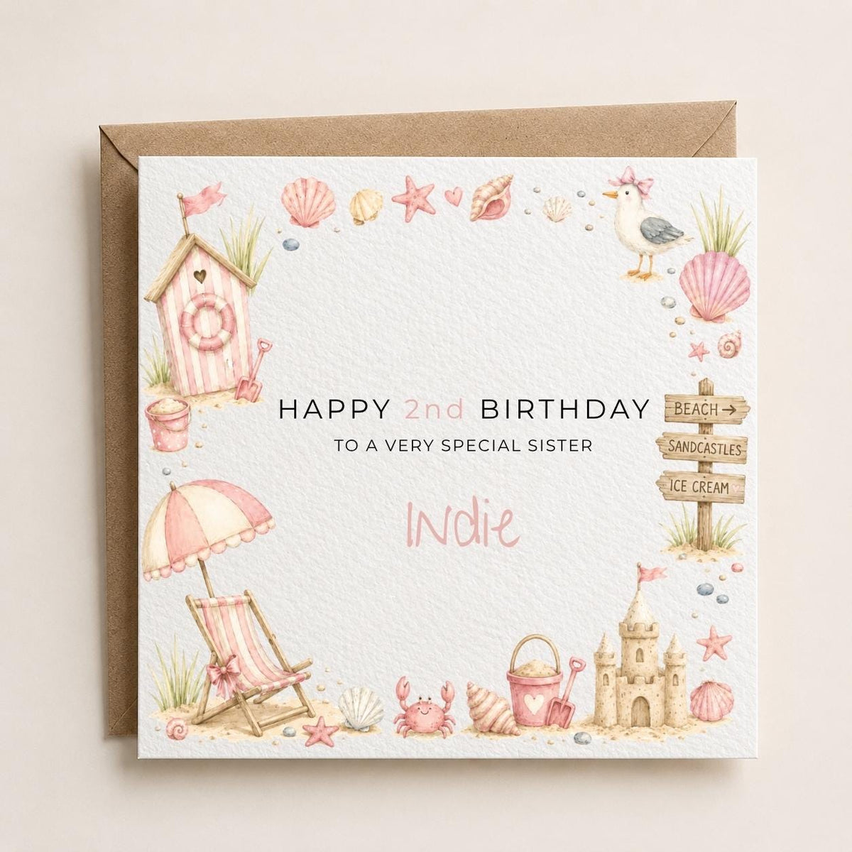 Personalised Seaside Theme Birthday Card for Daughter, Granddaughter, Sister etc