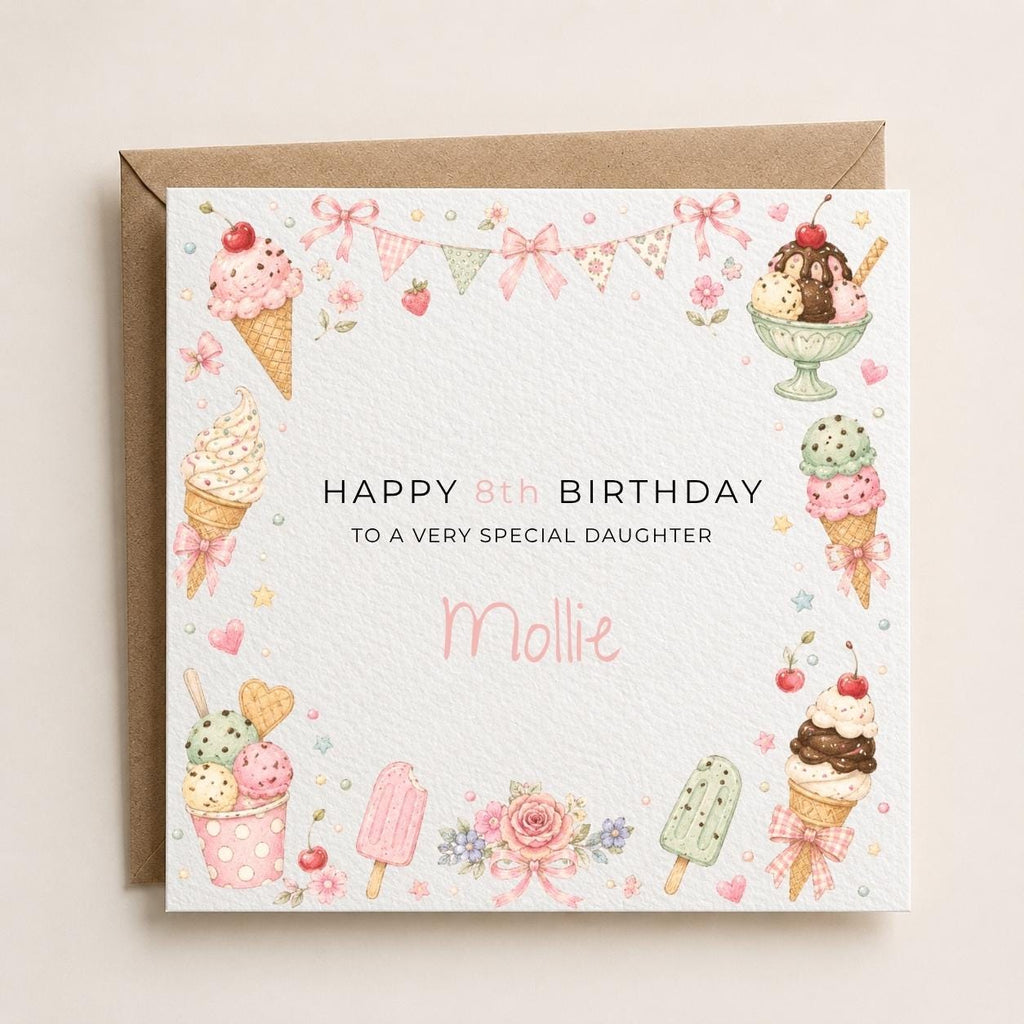 Personalised Icecream Theme Birthday Card for Daughter, Granddaughter, Sister etc