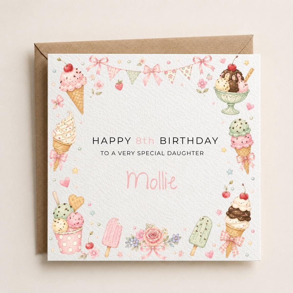 Personalised Icecream Theme Birthday Card for Daughter, Granddaughter, Sister etc