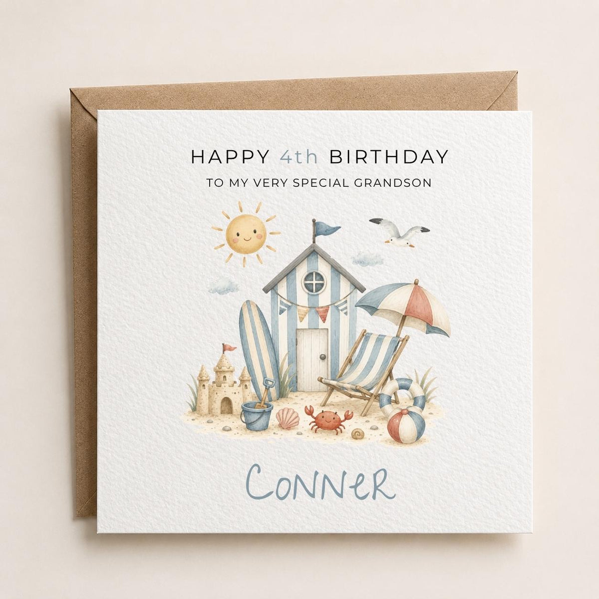 Personalised Seaside Theme Birthday Card for Son, Grandson, Brother etc